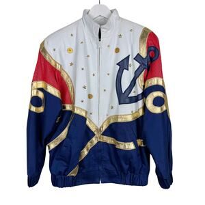 Julian K 80s Vintage Leather Zip Bomber Jacket Nautical Navy Gold Red M